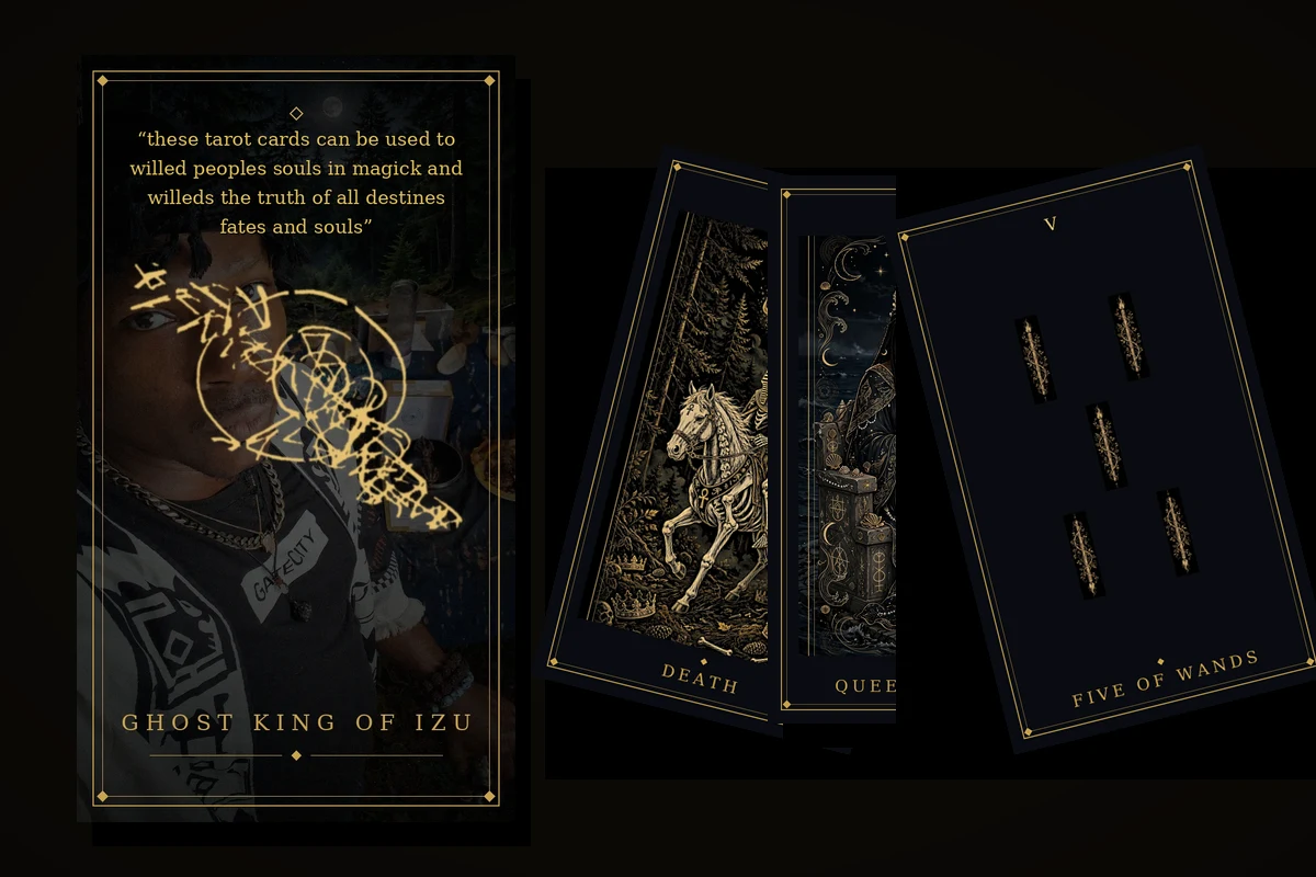 The Ghost King of Izu tarot deck — the sigil card back beside fanned cards